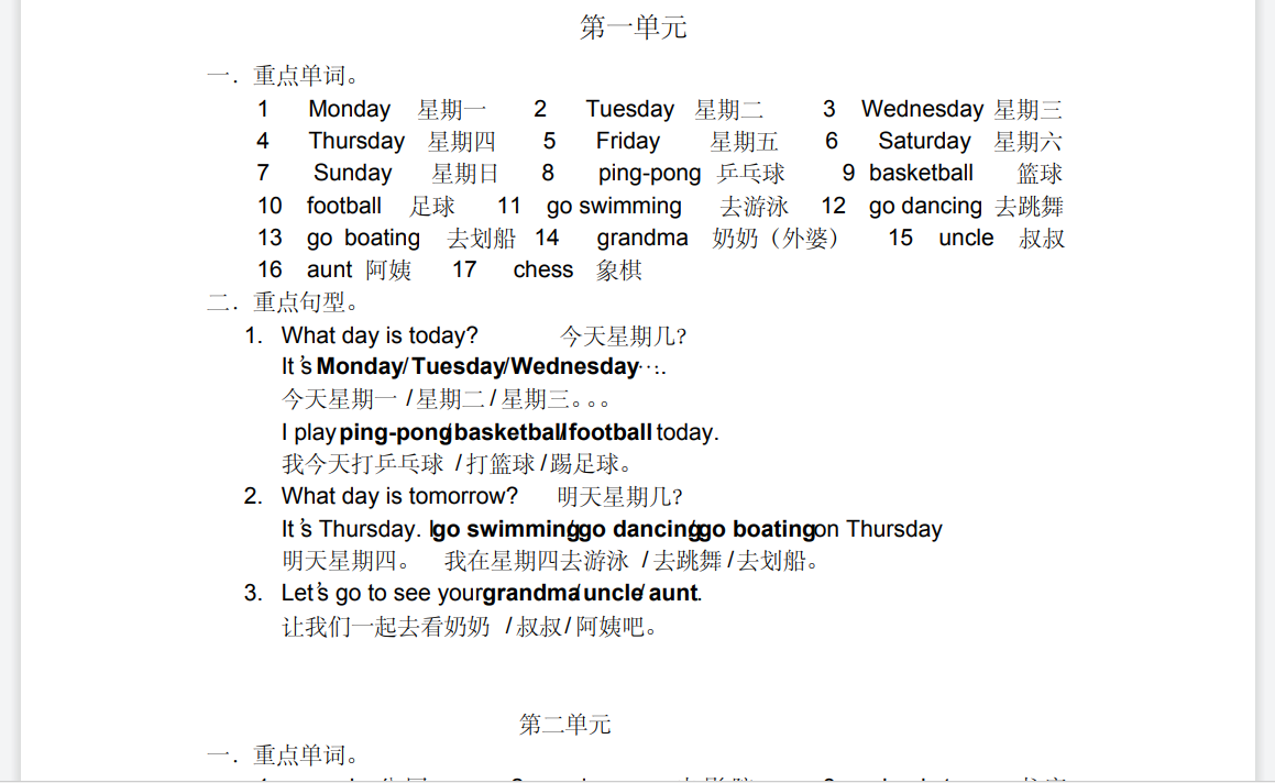 小學(xué)二年級(jí)上英語(yǔ)重點(diǎn)單詞和句型
